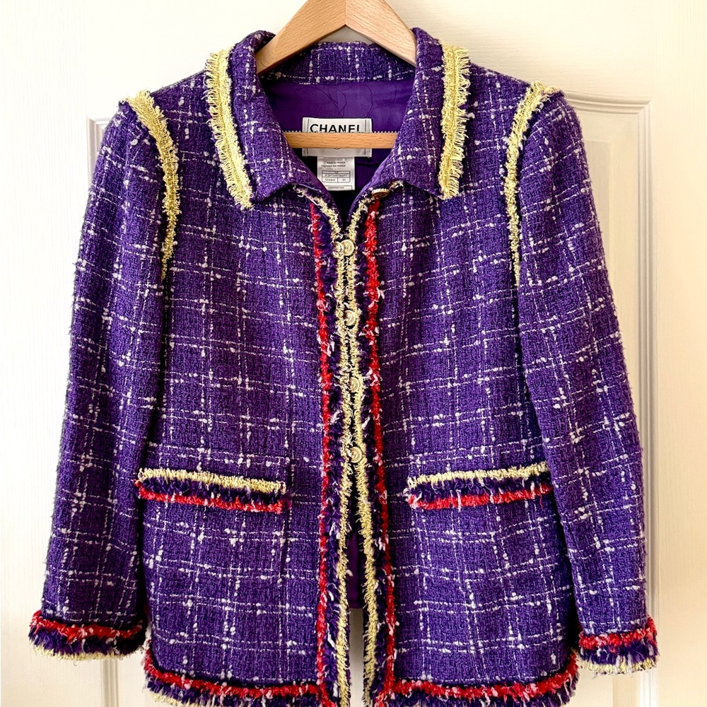 VINTAGE CHANEL Purple and Red Tweed Blazer with Fringe Details